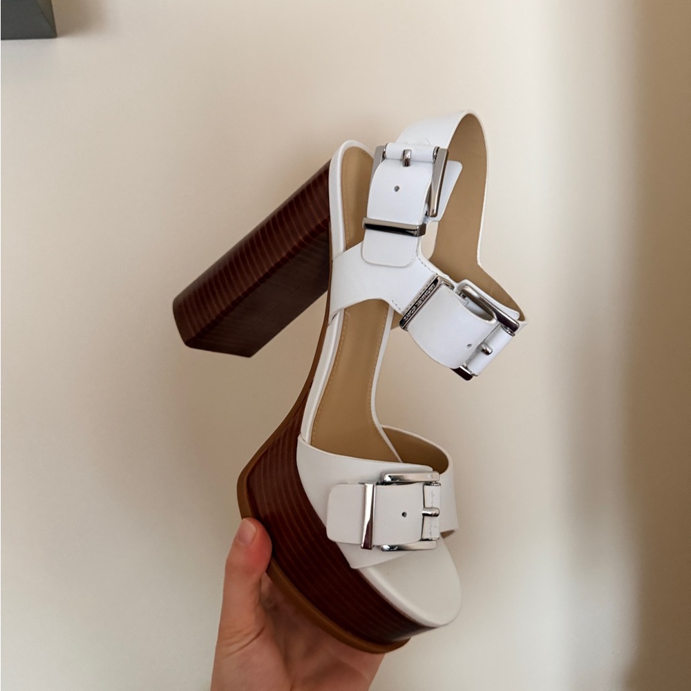 Michael Kors White and Brown Block Heel Sandals - Picture 5 of 8